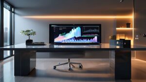 A sleek modern desk with a laptop displaying sales graphs, soft Rembrandt lighting, cinematic 85mm lens, f/1.8, bokeh background